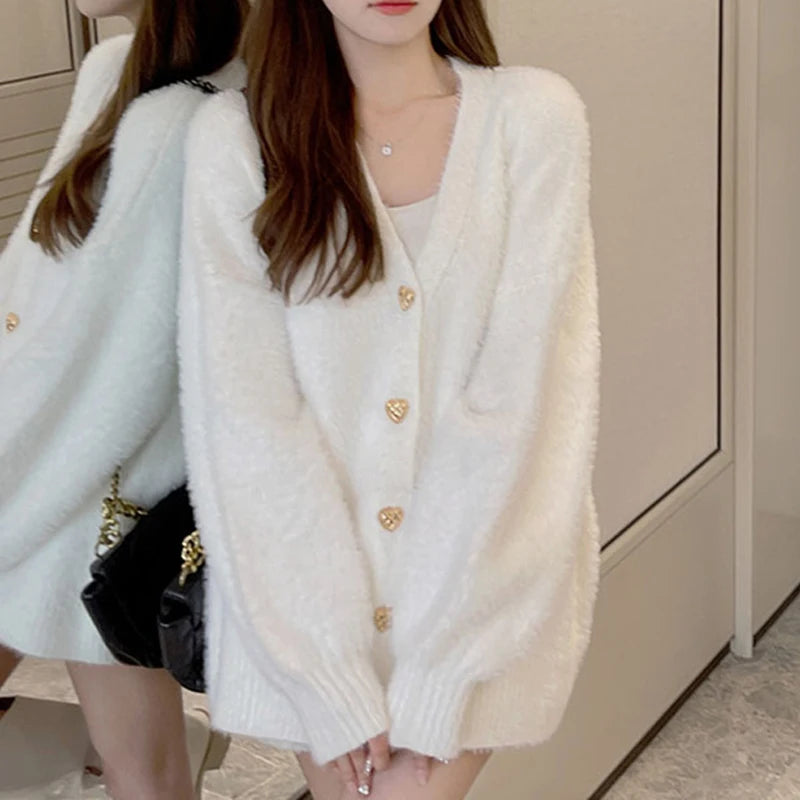 Snuggle Up in Our Vintage White Heart Button Cashmere Cardigan - Perfect for Chic Autumn & Winter Style with Lantern Sleeves!
