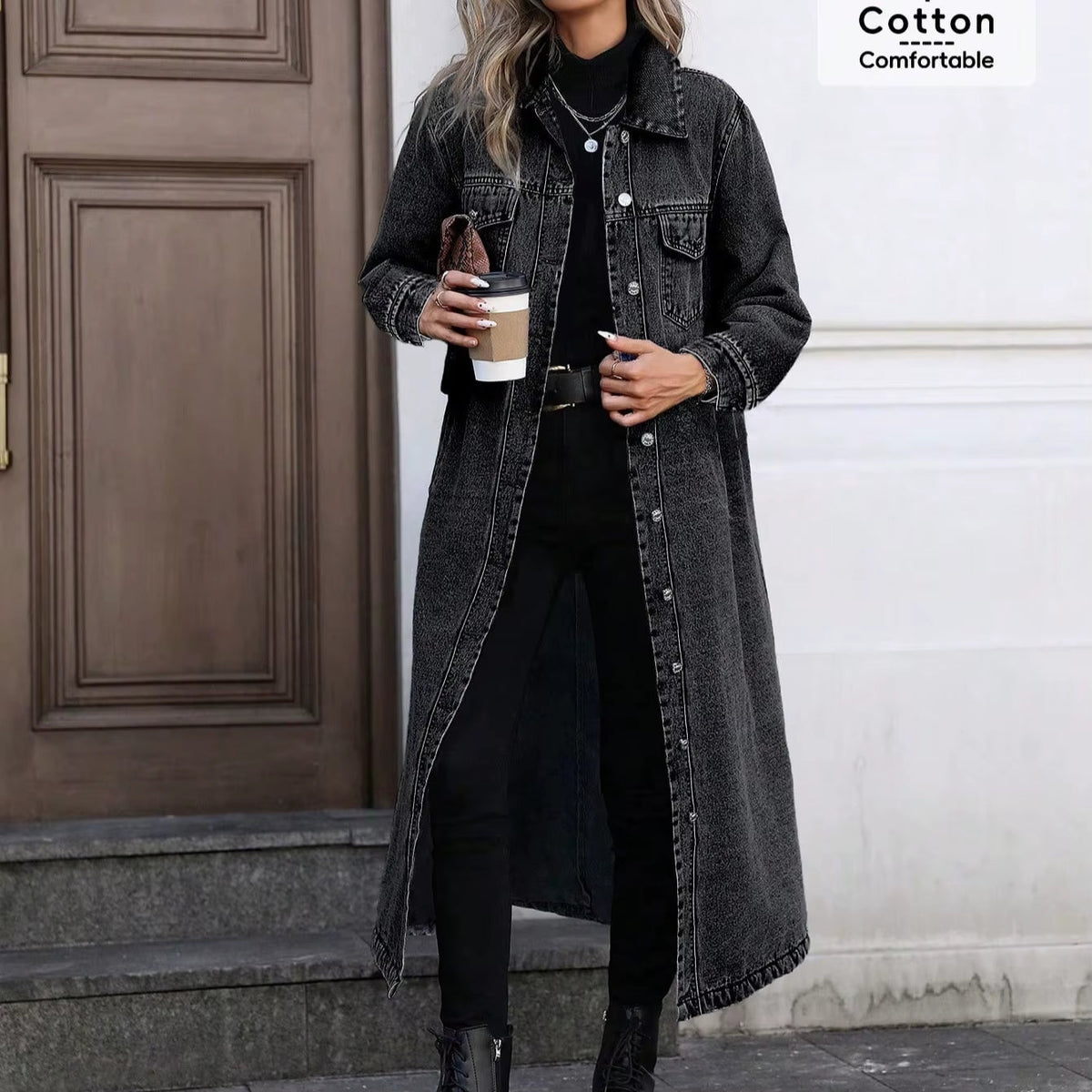 Denim Coats Moto Biker Jeans for Women Long Jackets Pocket Long Sleeves Single Breasted Loose Casual Y2K Autumn Winter