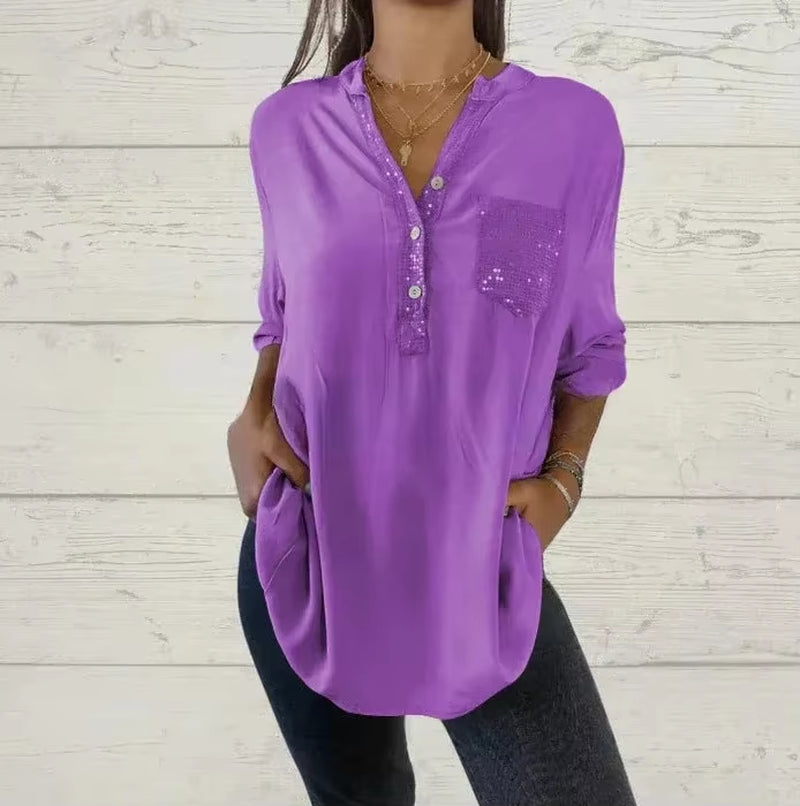 Elevate Your Summer Wardrobe with Our Chic V-Neck Sequin Blouse - Stylish, Comfortable, and Functional!