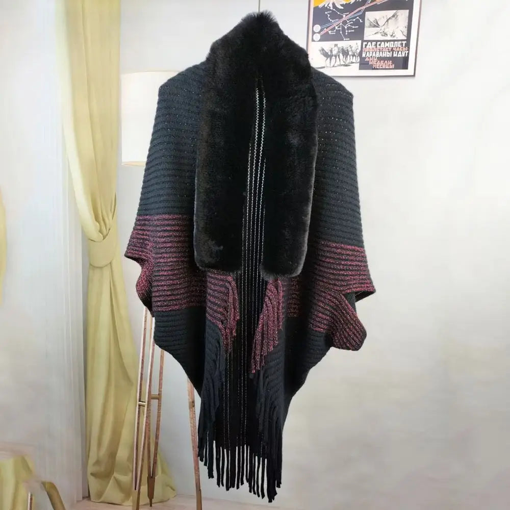 Elevate Your Winter Style with Our Chic Faux Fur Collar Cardigan Cape - Luxurious Plush Knitted Wrap for Ultimate Warmth