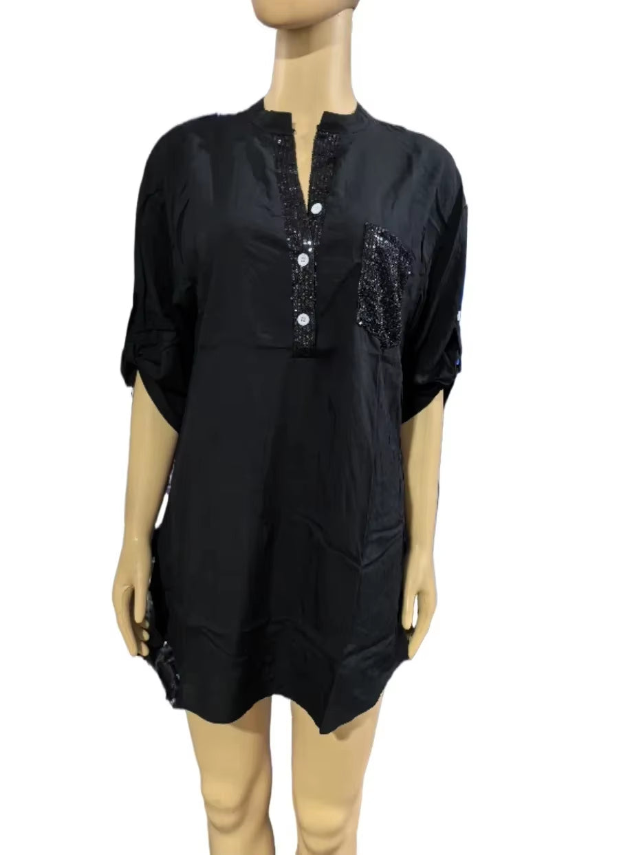Elevate Your Summer Wardrobe with Our Chic V-Neck Sequin Blouse - Stylish, Comfortable, and Functional!