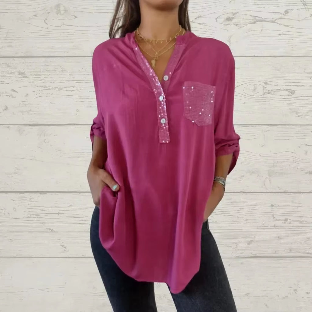 Elevate Your Summer Wardrobe with Our Chic V-Neck Sequin Blouse - Stylish, Comfortable, and Functional!