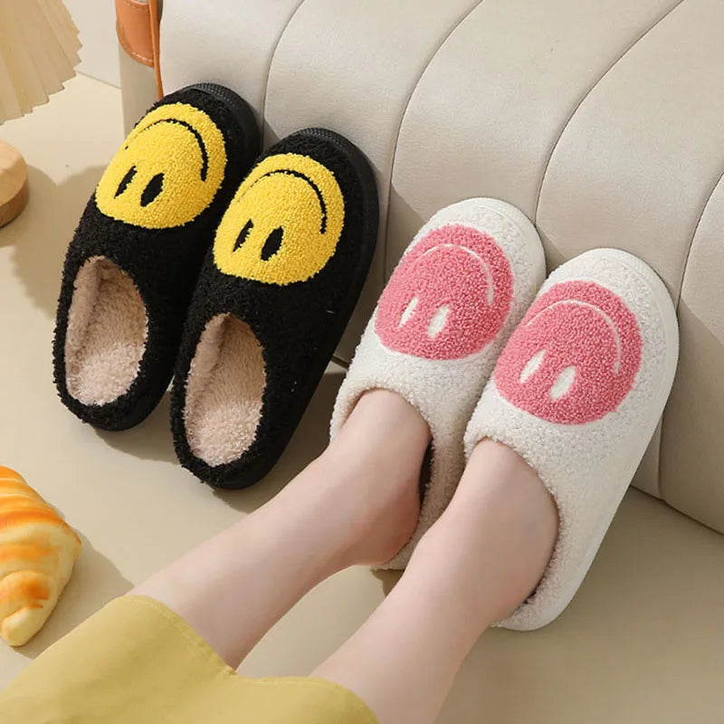 Cute Smiles Women'S Fluffy Slippers Winter Indoor Closed Toe Warm Couple Slippers Woman Non-Slip Flat Heel Fur Home Slides Shoes