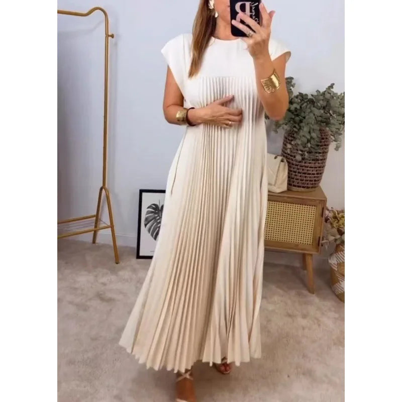 Effortlessly Stylish Summer Pleated O-Neck Dress with Pockets - Ankle-Length Casual Chic for Women