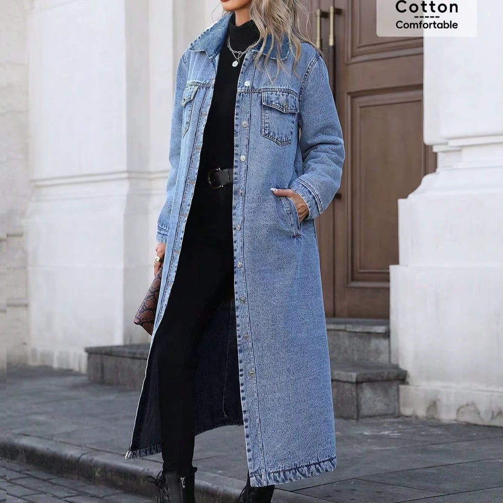 Denim Coats Moto Biker Jeans for Women Long Jackets Pocket Long Sleeves Single Breasted Loose Casual Y2K Autumn Winter