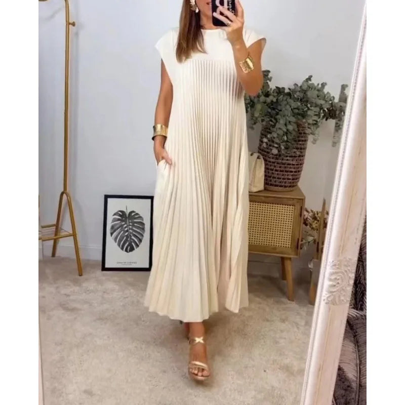 Effortlessly Stylish Summer Pleated O-Neck Dress with Pockets - Ankle-Length Casual Chic for Women
