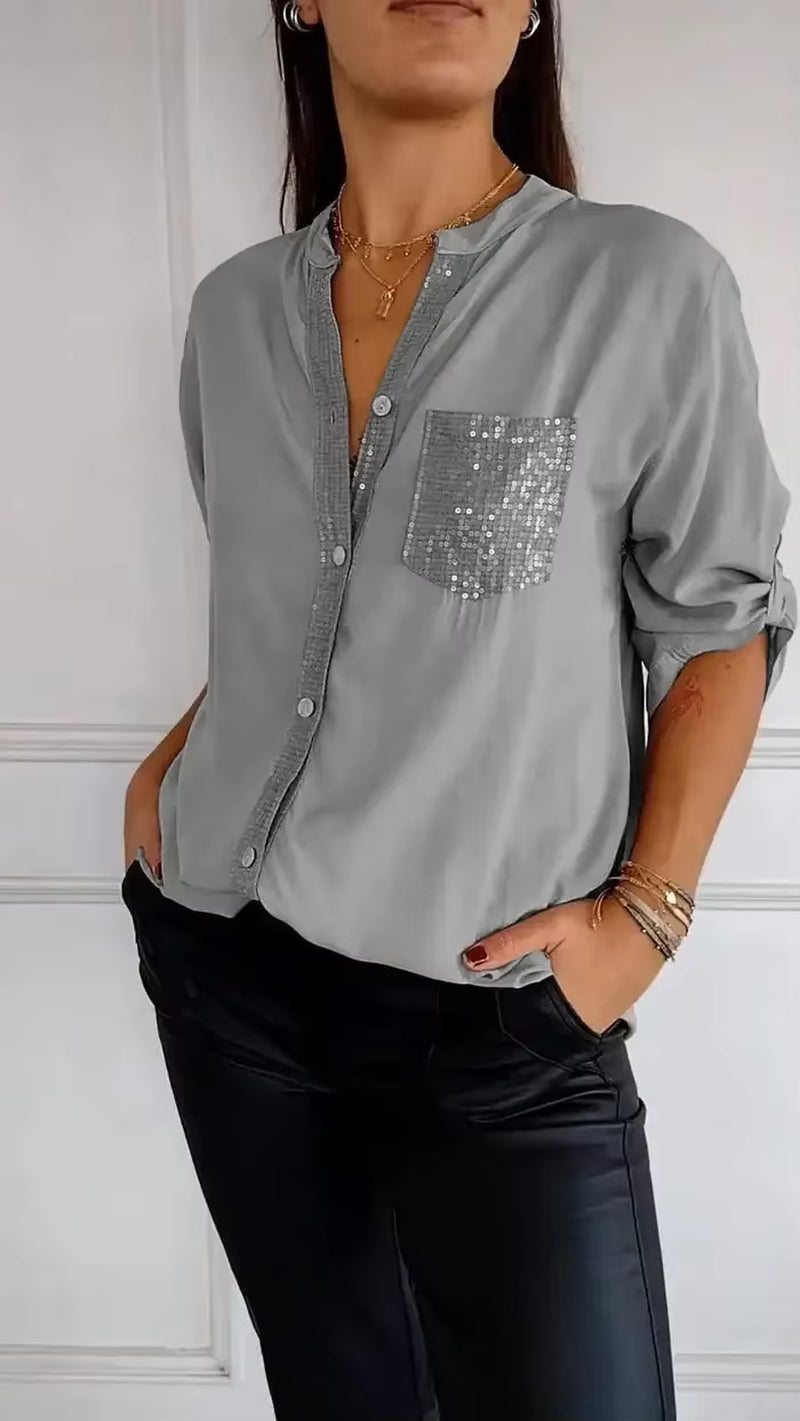 Elevate Your Summer Wardrobe with Our Chic V-Neck Sequin Blouse - Stylish, Comfortable, and Functional!