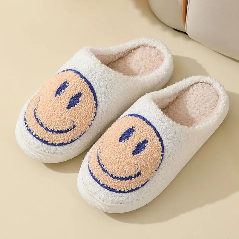 Cute Smiles Women'S Fluffy Slippers Winter Indoor Closed Toe Warm Couple Slippers Woman Non-Slip Flat Heel Fur Home Slides Shoes