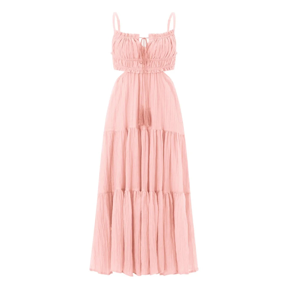 Bohemian Summer Flowy A-Line Dress with Spaghetti Straps & Ruffle Backless Design - Perfect for Parties and Holidays!
