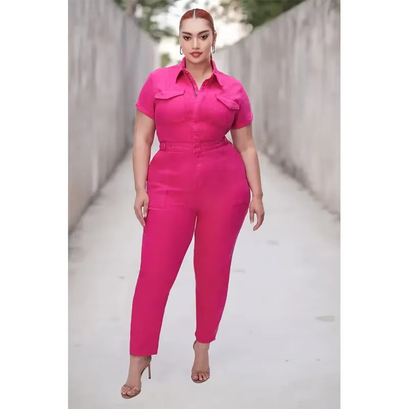 Stylish Plus Size Denim Jumpsuit for Women - Trendy Short Sleeve Overalls with Turn Down Collar