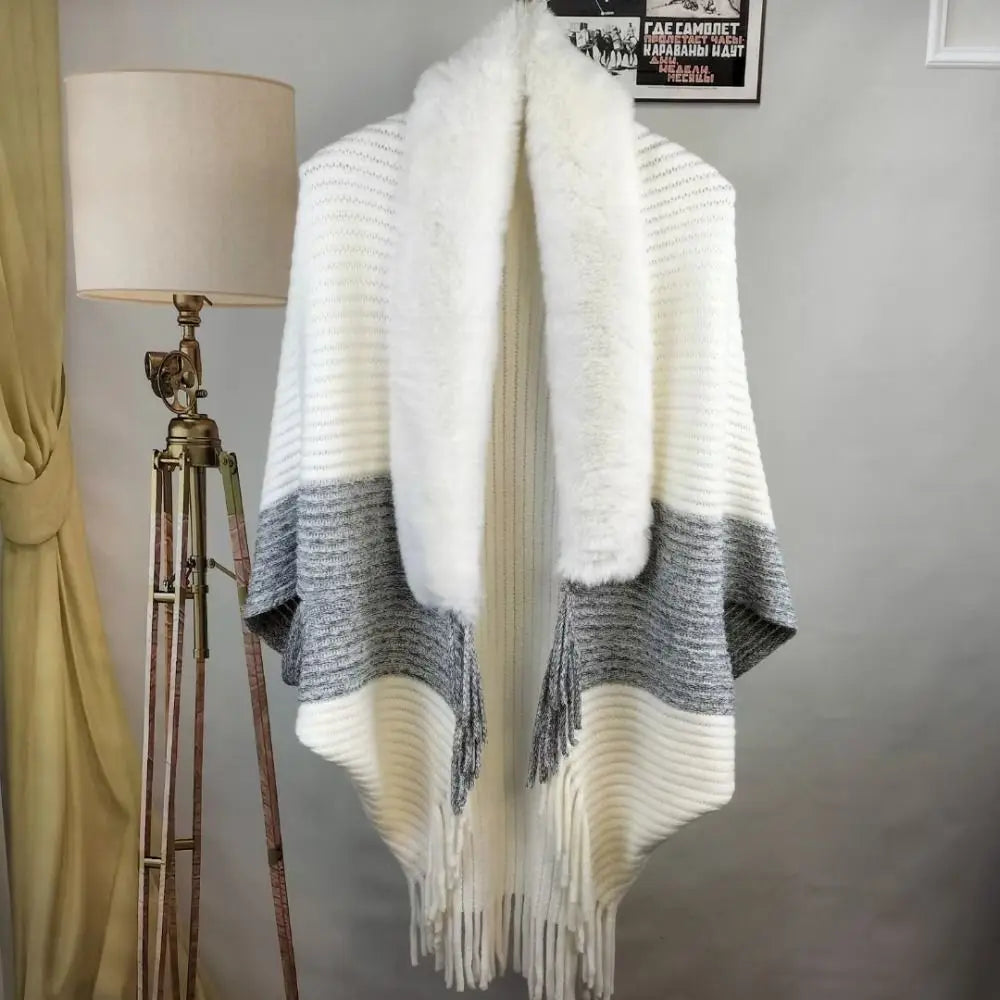 Elevate Your Winter Style with Our Chic Faux Fur Collar Cardigan Cape - Luxurious Plush Knitted Wrap for Ultimate Warmth