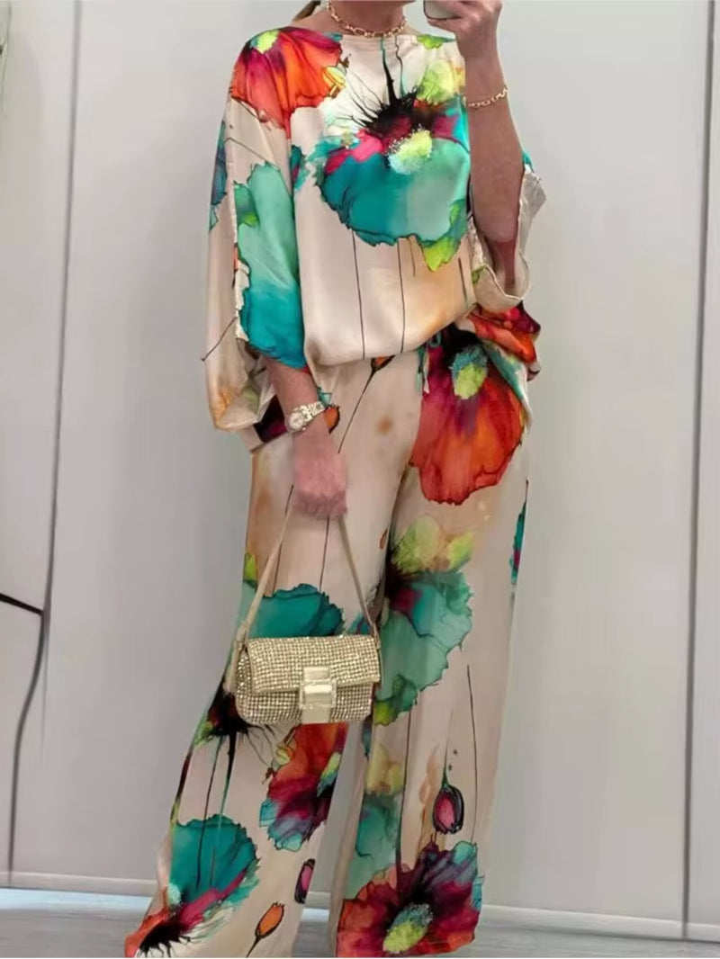 Chic Floral Print 2-Piece Set for Women - Elegant Slash Neck Long Sleeve Top & Pants for Office, Parties, and Holidays
