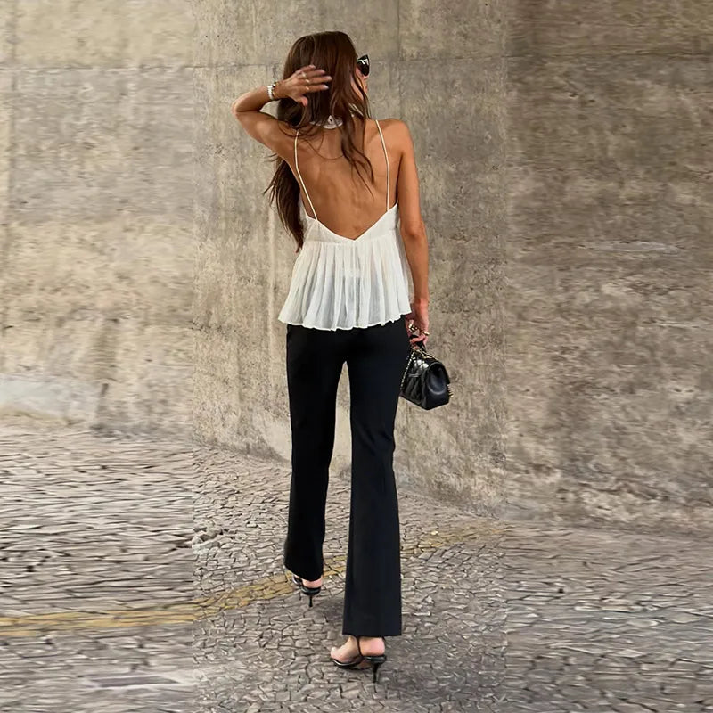 Women's Lace Inset Camisole Top with Slim Straps and Ruffled Hem in Ornate Pattern for Casual Wear