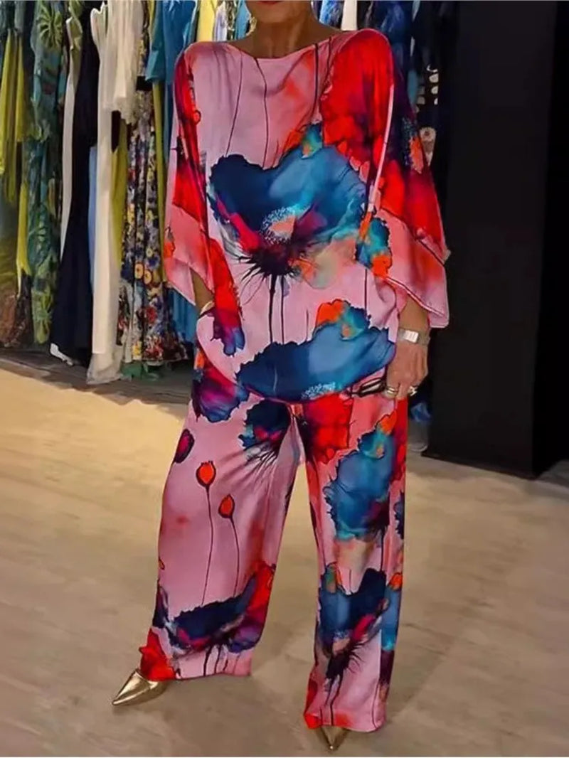 Chic Floral Print 2-Piece Set for Women - Elegant Slash Neck Long Sleeve Top & Pants for Office, Parties, and Holidays