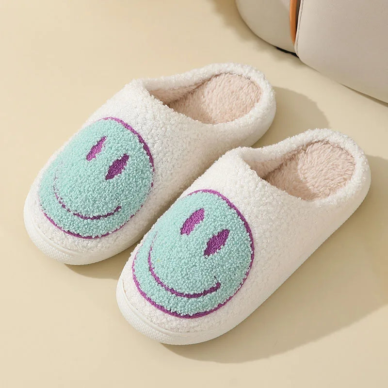Cute Smiles Women'S Fluffy Slippers Winter Indoor Closed Toe Warm Couple Slippers Woman Non-Slip Flat Heel Fur Home Slides Shoes
