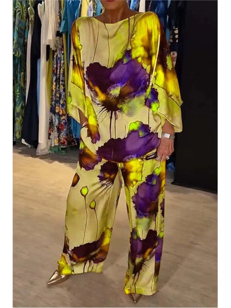 Chic Floral Print 2-Piece Set for Women - Elegant Slash Neck Long Sleeve Top & Pants for Office, Parties, and Holidays