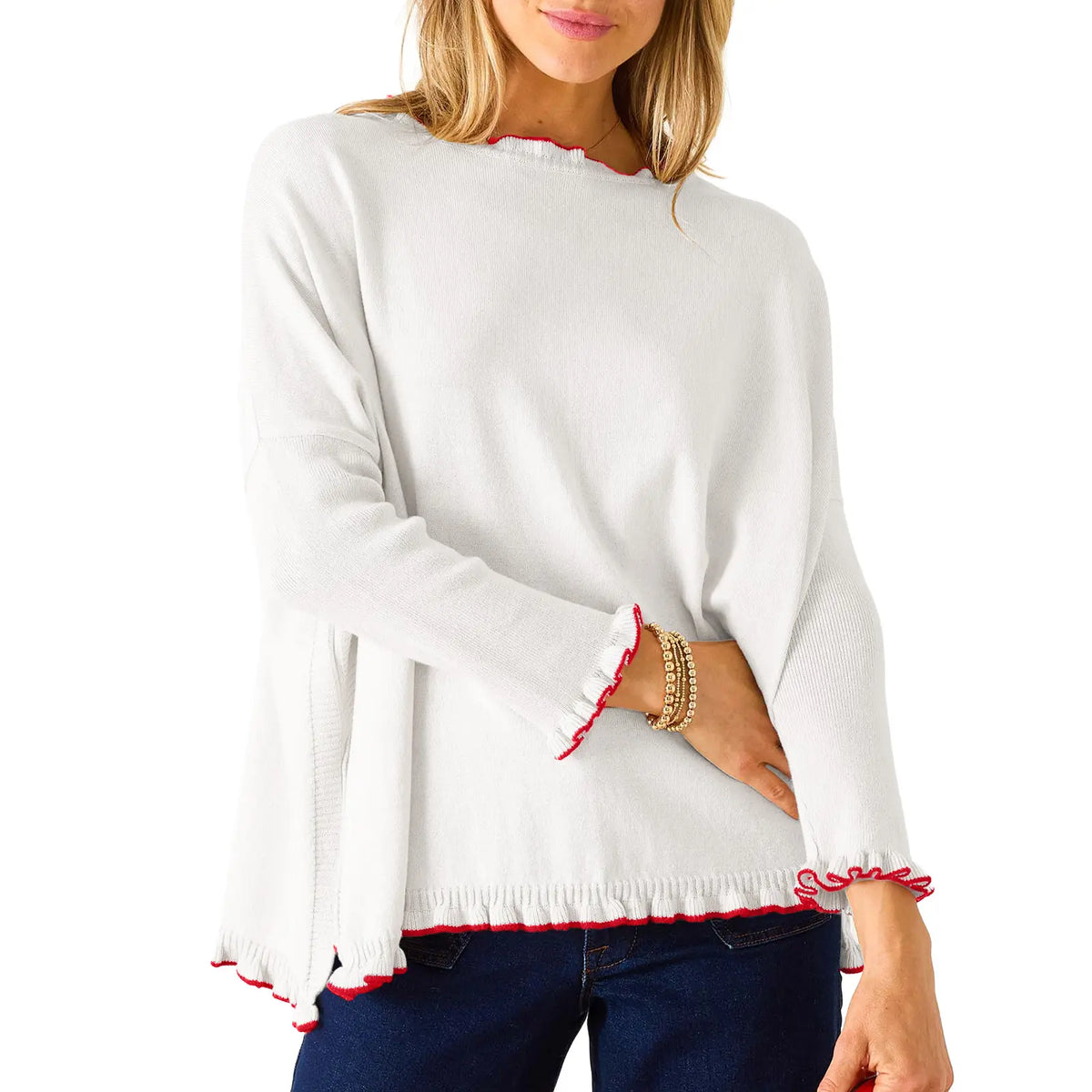 Elevate Your Autumn Wardrobe with the EVALESS Women's Soft Contrast Color Ruffle Hem Knit Top - Cozy and Chic Long Sleeve Pullover Sweater for Back to School