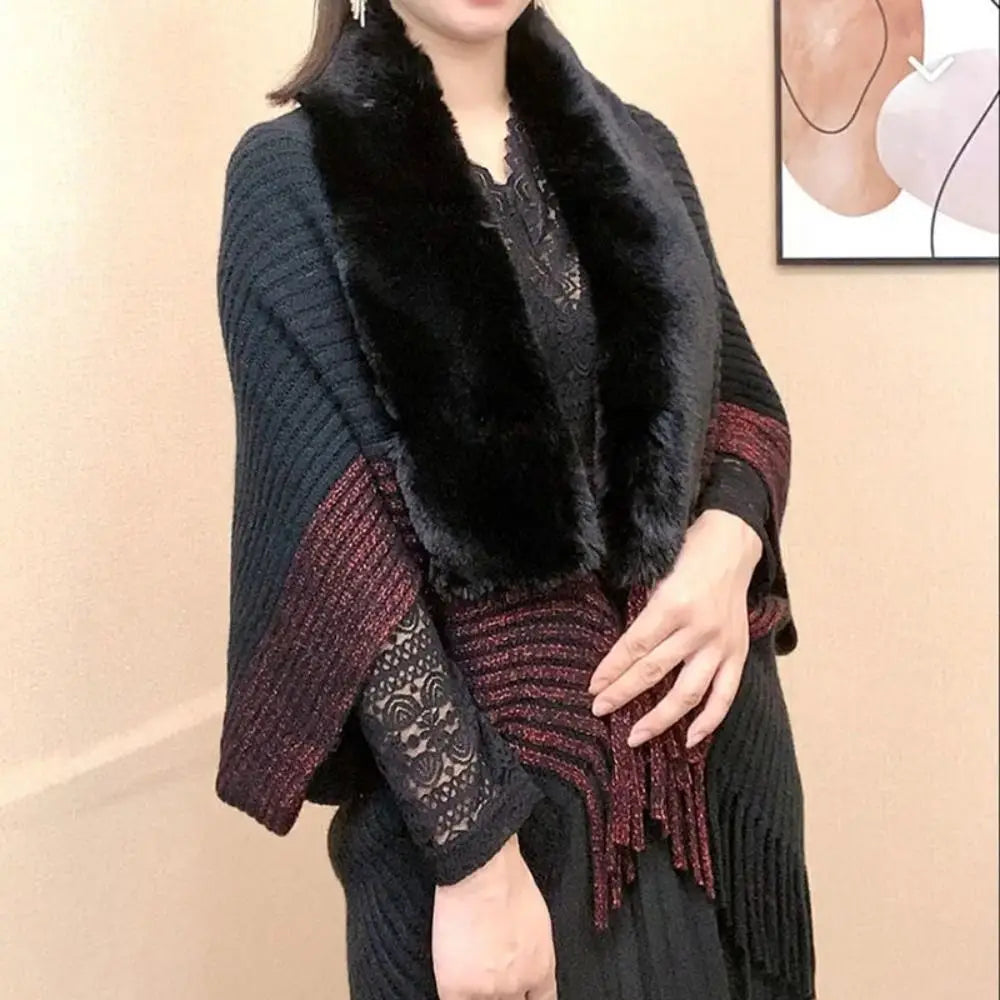 Elevate Your Winter Style with Our Chic Faux Fur Collar Cardigan Cape - Luxurious Plush Knitted Wrap for Ultimate Warmth