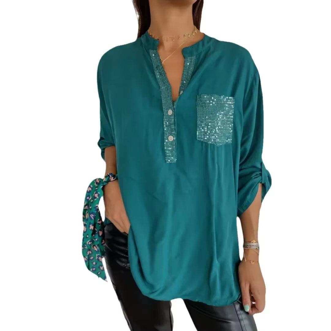 Elevate Your Summer Wardrobe with Our Chic V-Neck Sequin Blouse - Stylish, Comfortable, and Functional!