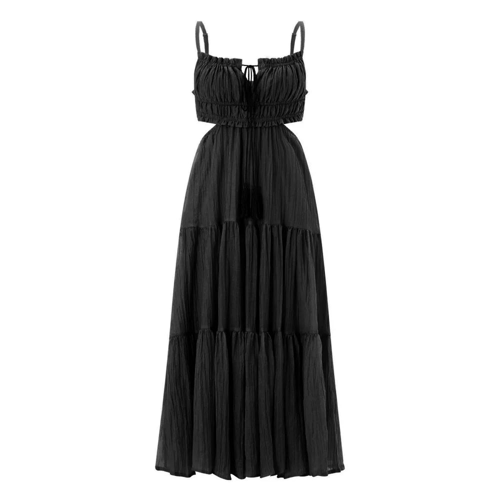 Bohemian Summer Flowy A-Line Dress with Spaghetti Straps & Ruffle Backless Design - Perfect for Parties and Holidays!