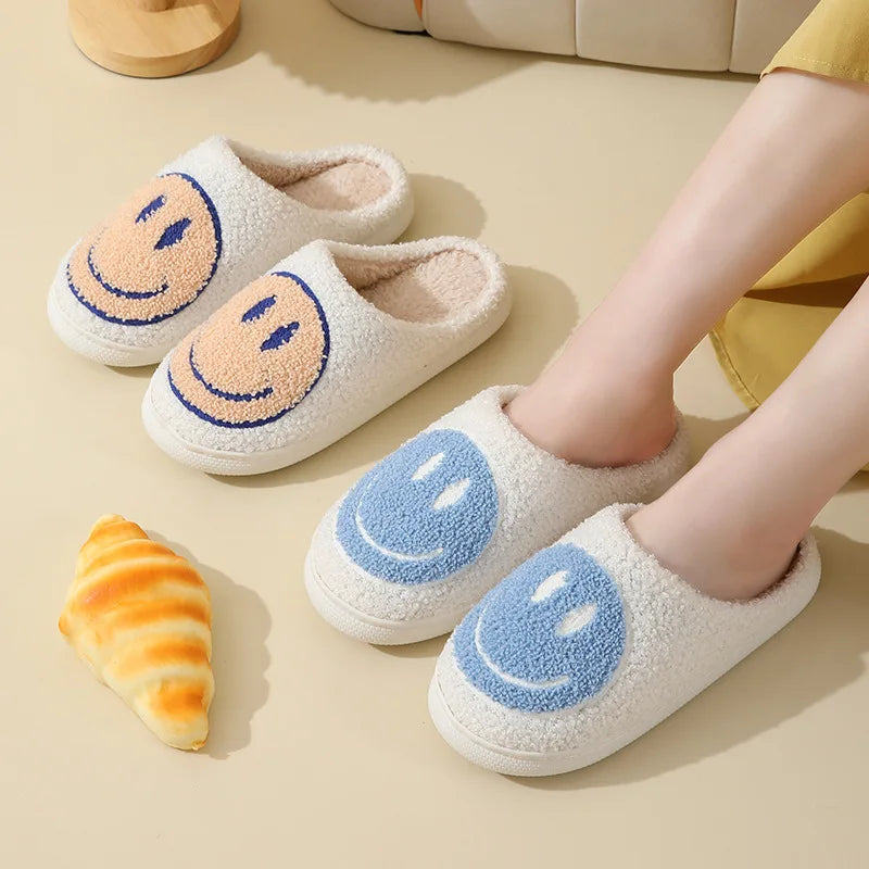 Cute Smiles Women'S Fluffy Slippers Winter Indoor Closed Toe Warm Couple Slippers Woman Non-Slip Flat Heel Fur Home Slides Shoes