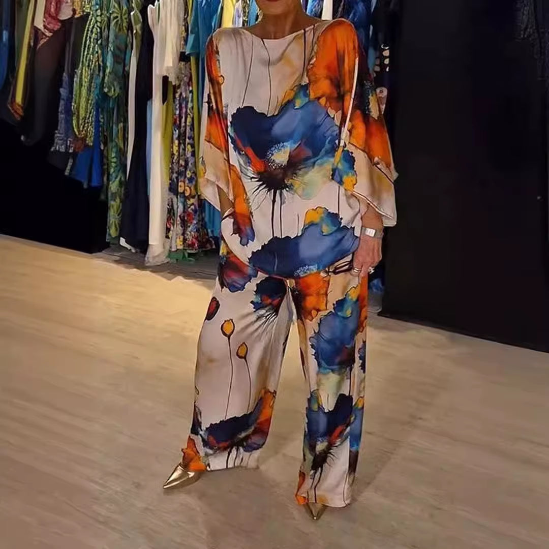 Chic Floral Print 2-Piece Set for Women - Elegant Slash Neck Long Sleeve Top & Pants for Office, Parties, and Holidays