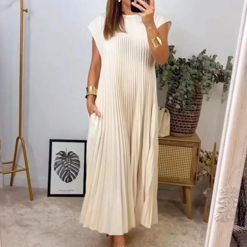 Effortlessly Stylish Summer Pleated O-Neck Dress with Pockets - Ankle-Length Casual Chic for Women