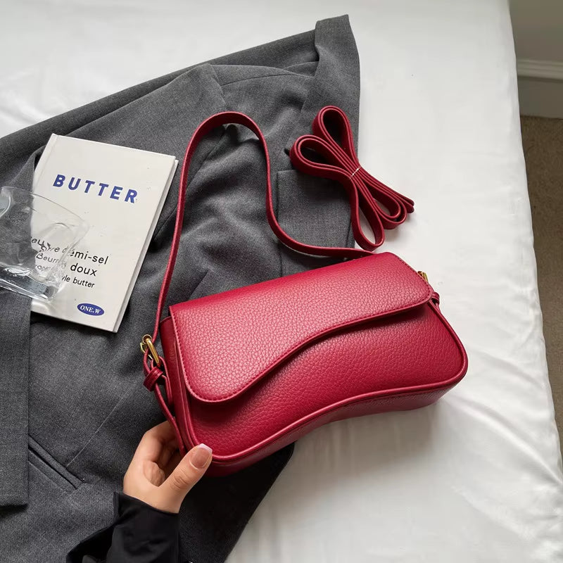 Chic Vintage Red Lychee Pattern PU Leather Crossbody Bag for Women - Stylish Flap Shoulder Satchel Handbag