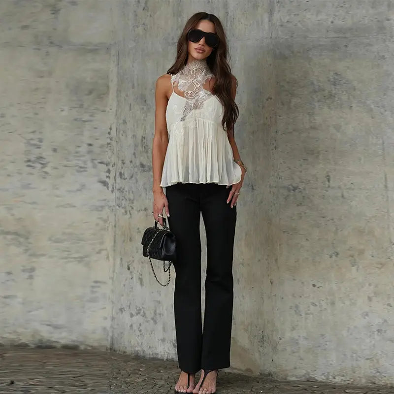Women's Lace Inset Camisole Top with Slim Straps and Ruffled Hem in Ornate Pattern for Casual Wear