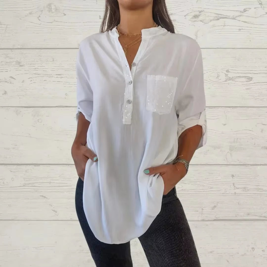 Elevate Your Summer Wardrobe with Our Chic V-Neck Sequin Blouse - Stylish, Comfortable, and Functional!