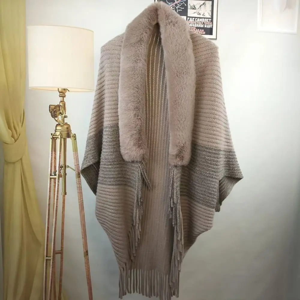 Elevate Your Winter Style with Our Chic Faux Fur Collar Cardigan Cape - Luxurious Plush Knitted Wrap for Ultimate Warmth