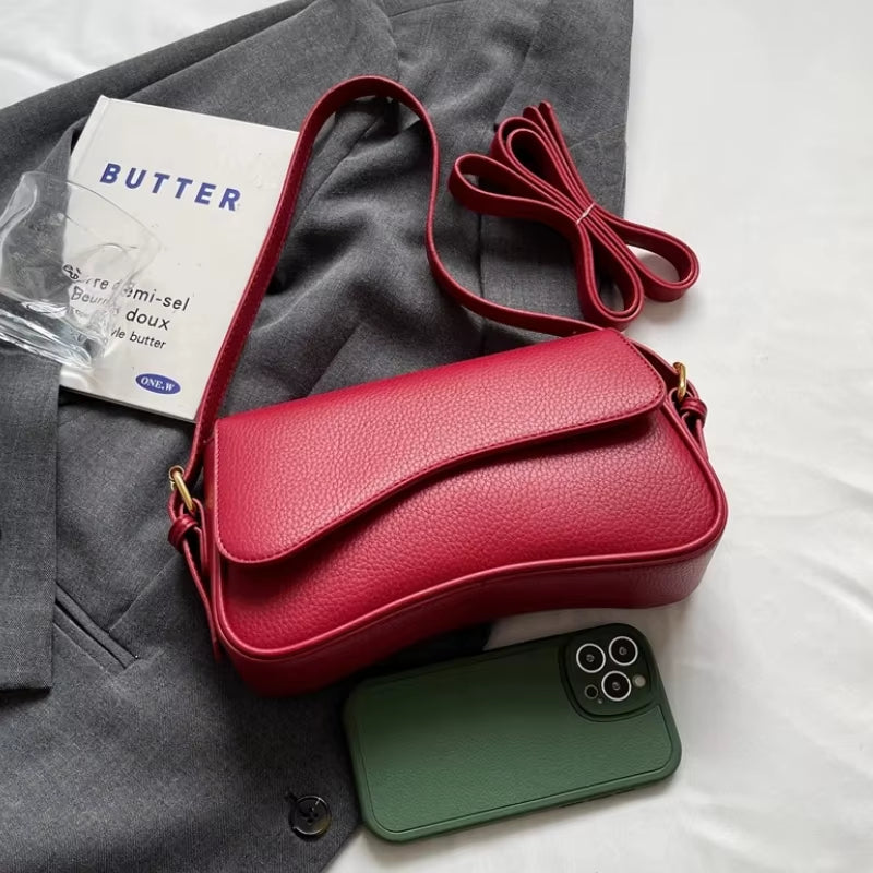 Chic Vintage Red Lychee Pattern PU Leather Crossbody Bag for Women - Stylish Flap Shoulder Satchel Handbag