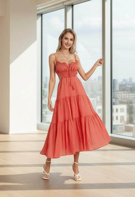 Bohemian Summer Flowy A-Line Dress with Spaghetti Straps & Ruffle Backless Design - Perfect for Parties and Holidays!