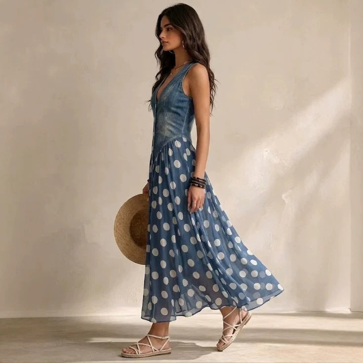 Denim Bodice Polka Dot Chiffon Skirt Sleeveless Midi Dress