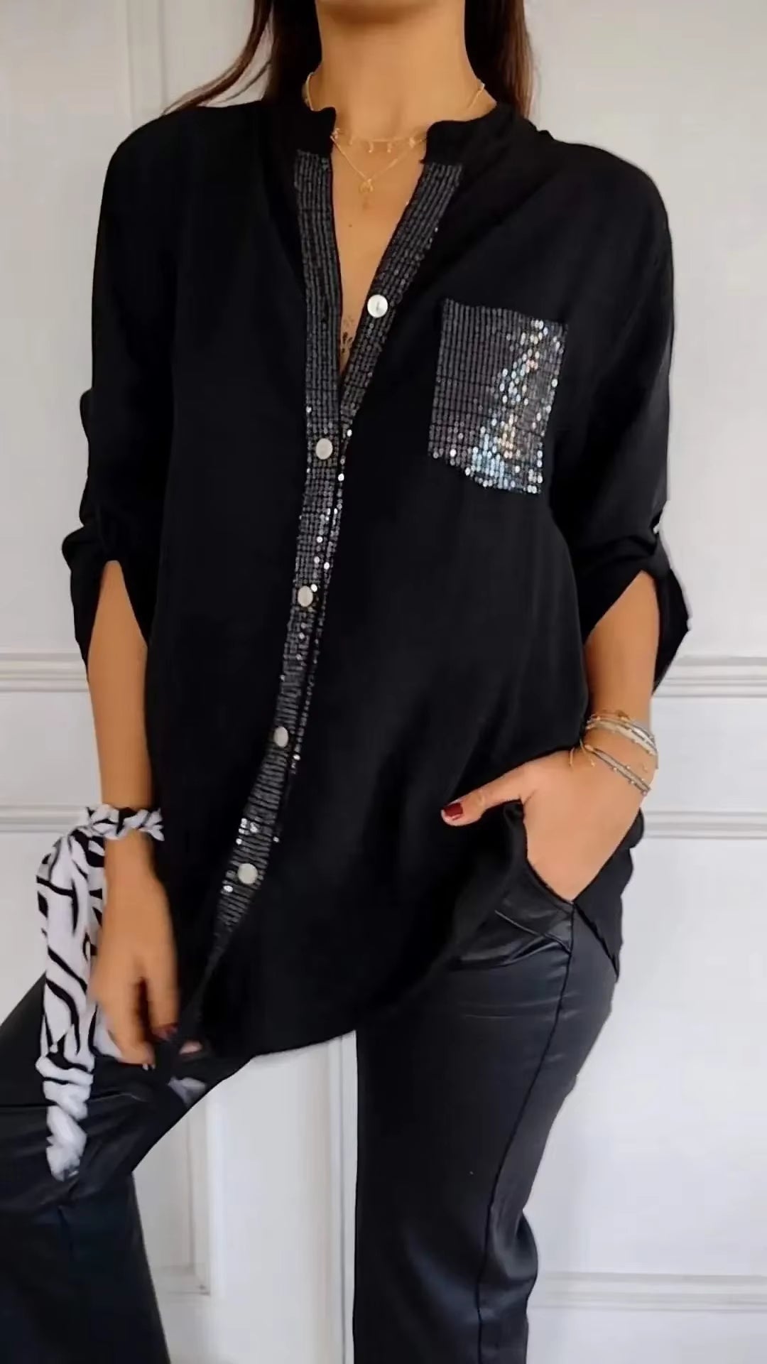 Elevate Your Summer Wardrobe with Our Chic V-Neck Sequin Blouse - Stylish, Comfortable, and Functional!