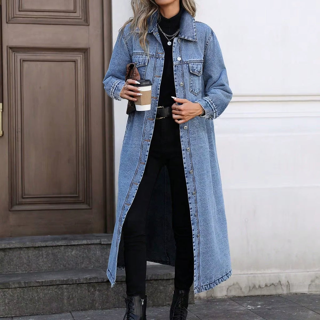 Denim Coats Moto Biker Jeans for Women Long Jackets Pocket Long Sleeves Single Breasted Loose Casual Y2K Autumn Winter