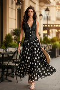 Denim Bodice Polka Dot Chiffon Skirt Sleeveless Midi Dress