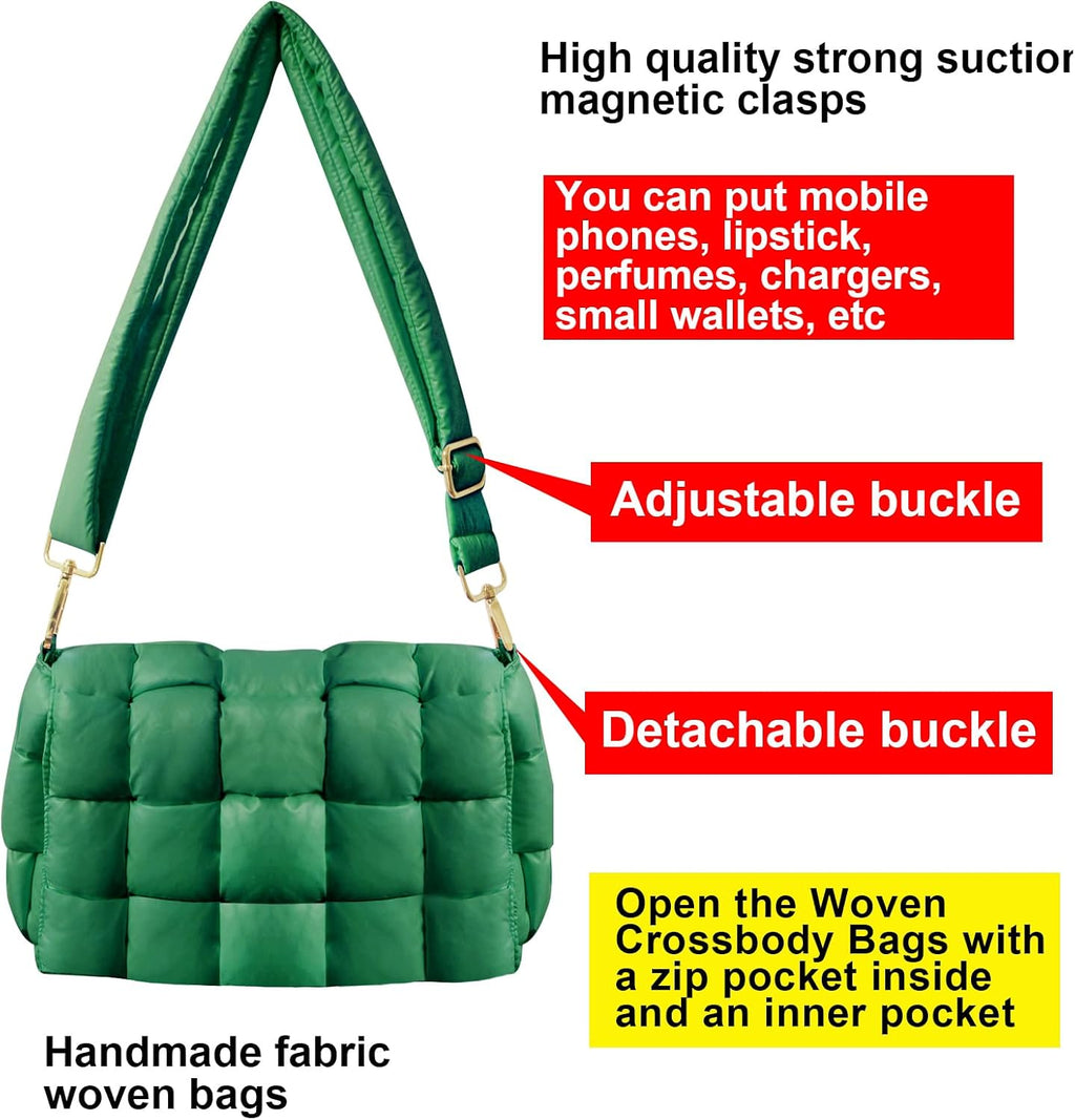 Stylish Puffer Woven Crossbody Bag for Women - Quilted Hobo Shoulder Purse with Adjustable Strap