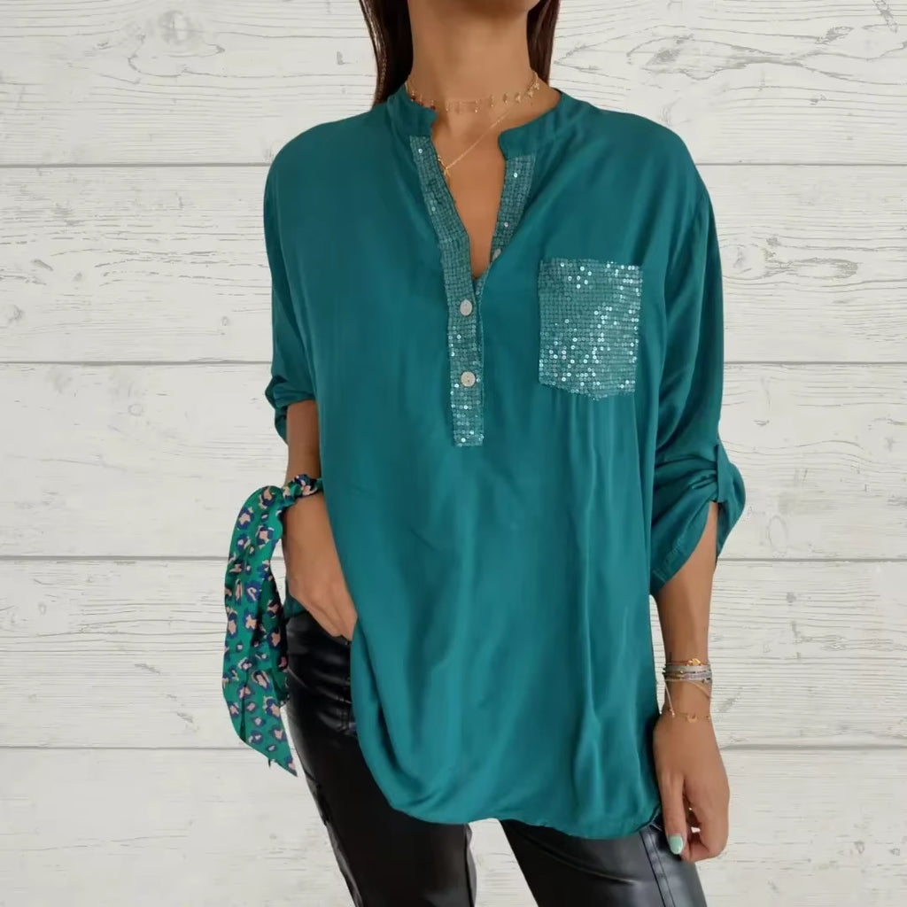 Elevate Your Summer Wardrobe with Our Chic V-Neck Sequin Blouse - Stylish, Comfortable, and Functional!