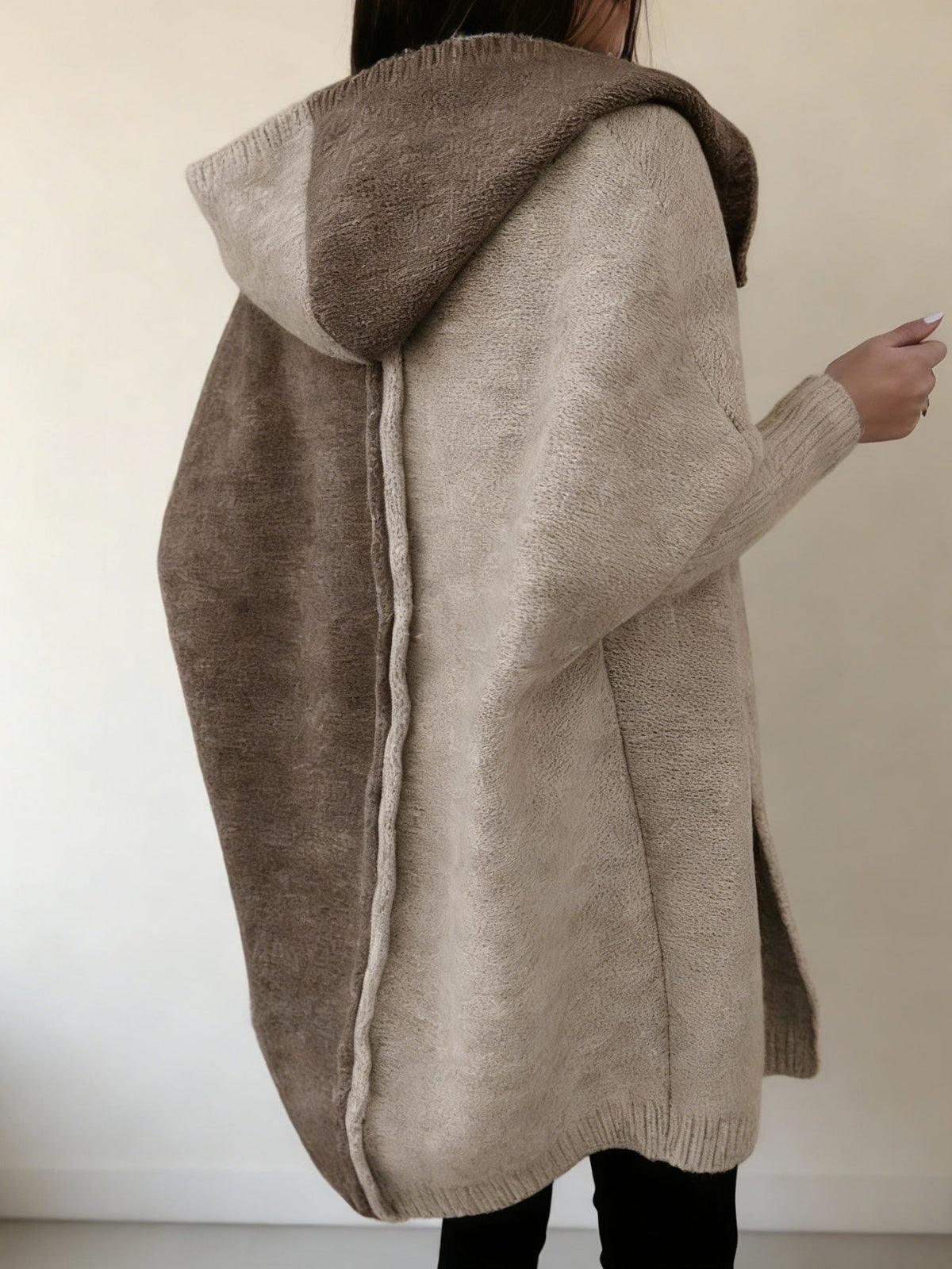Block Hooded Knitted Cardigan – Plus Size Mid-Length Sweater Coat