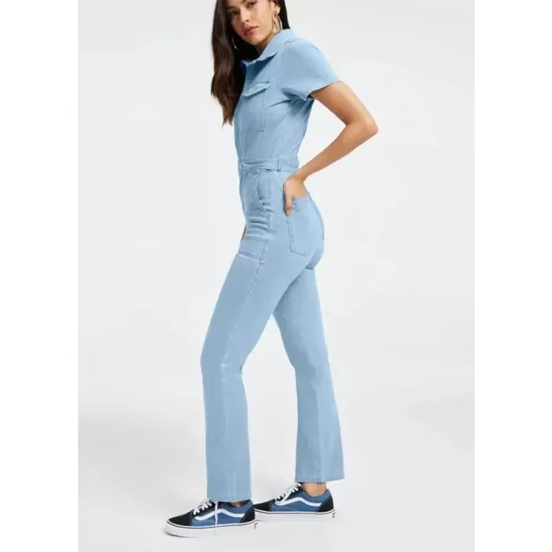 Stylish Plus Size Denim Jumpsuit for Women - Trendy Short Sleeve Overalls with Turn Down Collar