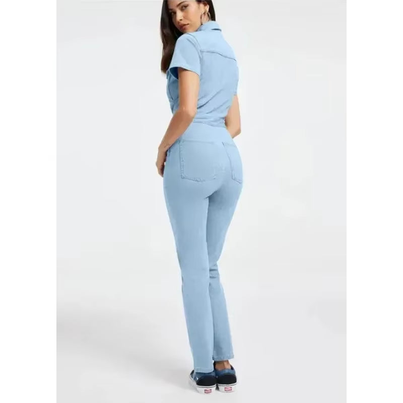 Stylish Plus Size Denim Jumpsuit for Women - Trendy Short Sleeve Overalls with Turn Down Collar
