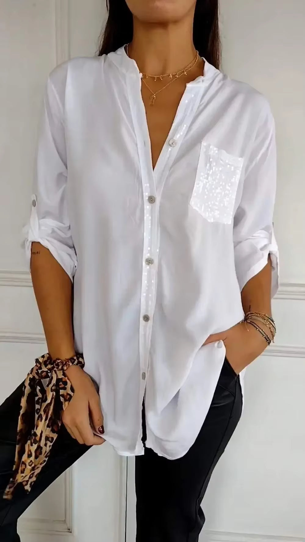 Elevate Your Summer Wardrobe with Our Chic V-Neck Sequin Blouse - Stylish, Comfortable, and Functional!