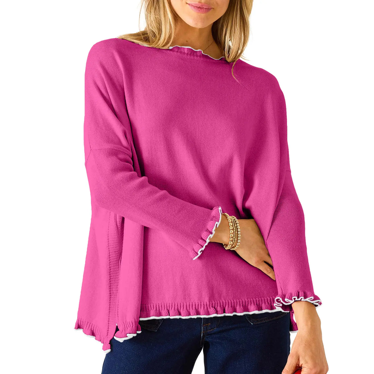 Elevate Your Autumn Wardrobe with the EVALESS Women's Soft Contrast Color Ruffle Hem Knit Top - Cozy and Chic Long Sleeve Pullover Sweater for Back to School