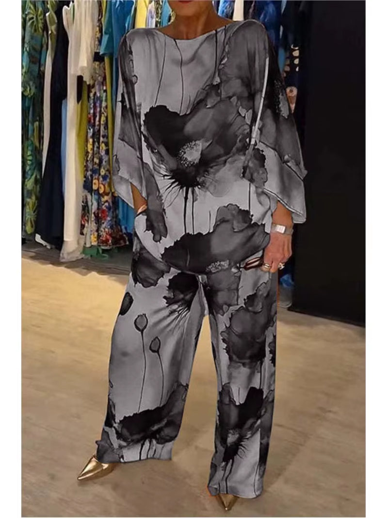 Chic Floral Print 2-Piece Set for Women - Elegant Slash Neck Long Sleeve Top & Pants for Office, Parties, and Holidays