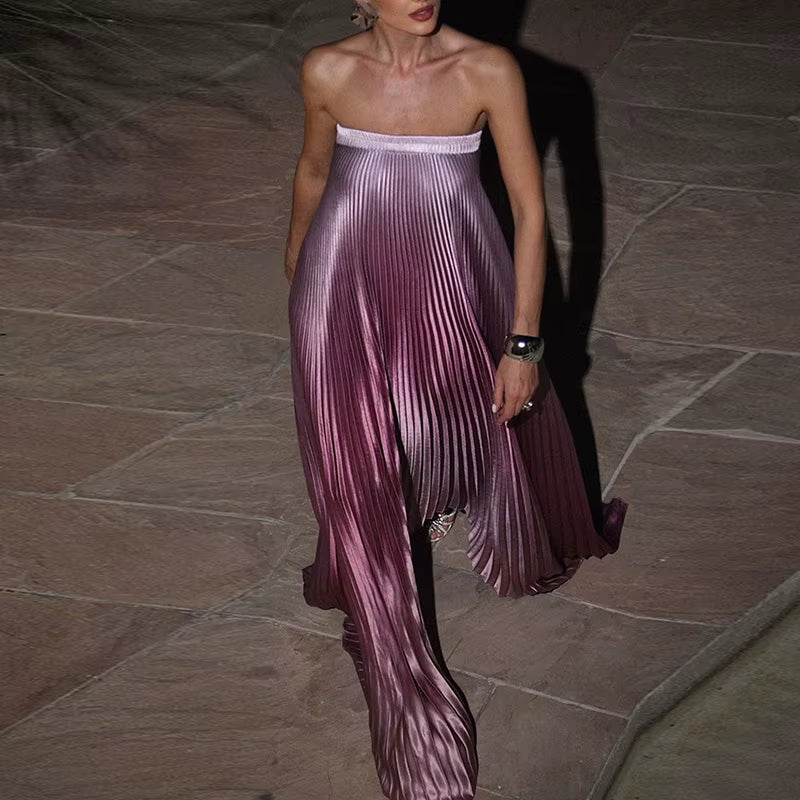 Stunning Strapless A-Line Floor-Length Dress for Women - Elegant Gradient Evening Gown with Backless Design