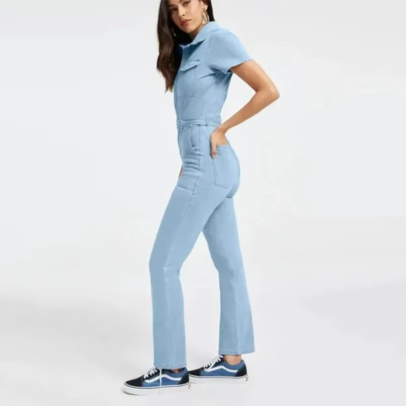 Stylish Plus Size Denim Jumpsuit for Women - Trendy Short Sleeve Overalls with Turn Down Collar