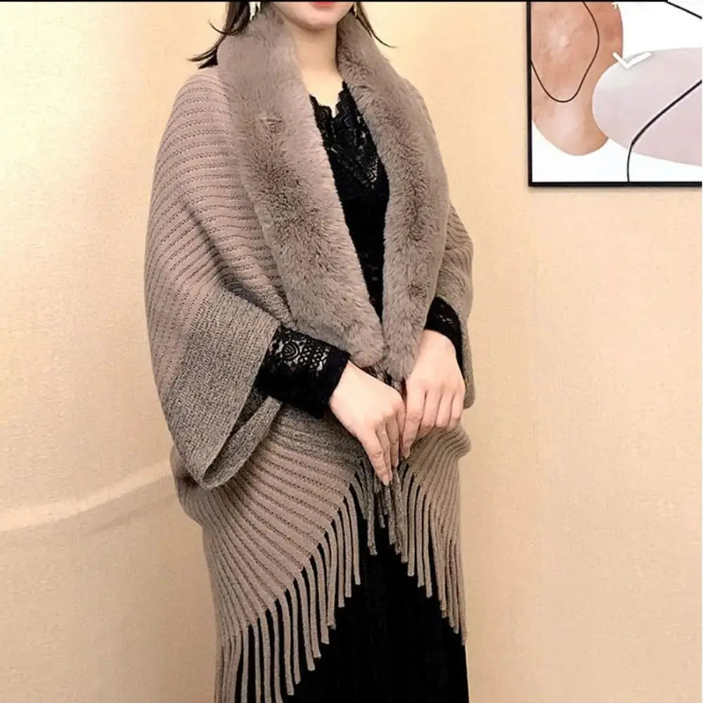 Elevate Your Winter Style with Our Chic Faux Fur Collar Cardigan Cape - Luxurious Plush Knitted Wrap for Ultimate Warmth