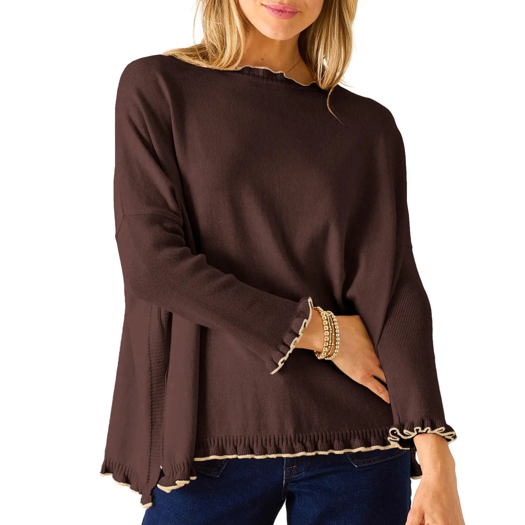 Elevate Your Autumn Wardrobe with the EVALESS Women's Soft Contrast Color Ruffle Hem Knit Top - Cozy and Chic Long Sleeve Pullover Sweater for Back to School