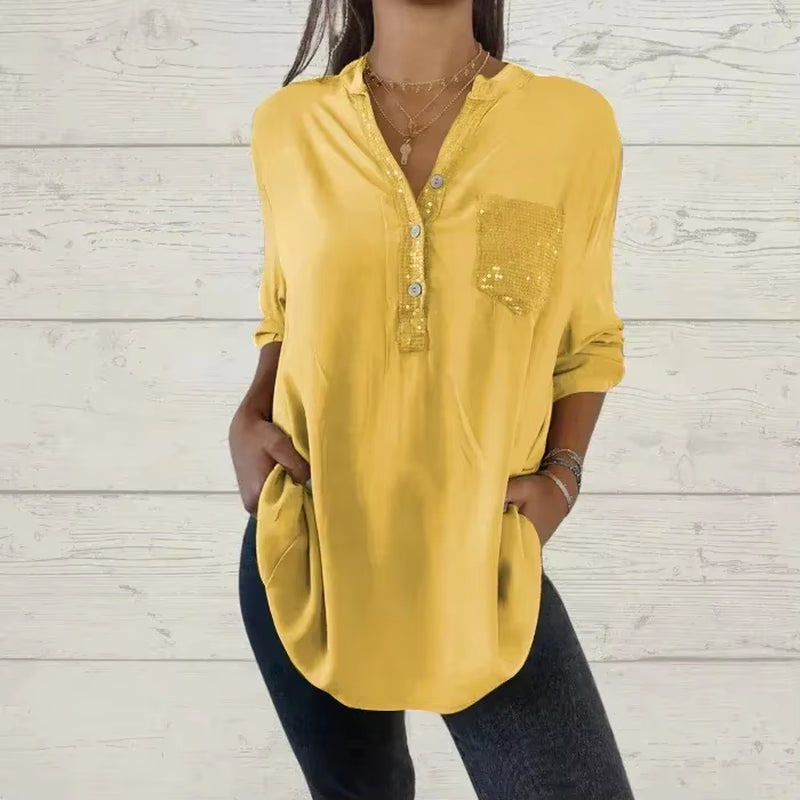 Elevate Your Summer Wardrobe with Our Chic V-Neck Sequin Blouse - Stylish, Comfortable, and Functional!